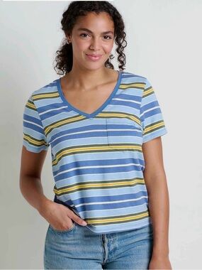 Toad&Co Grom V-Neck Tee Shirt Sz M in Weathered Blue Stripe